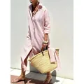 Robe chemise décontractée à rayures roses avec demi-manches et col à revers pour l'été - S / Robe Chemise (G571) / Rose