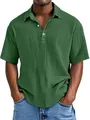 Detail view of men's green textured crepe shirt with short sleeves and lapel collar - Green