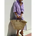 Robe chemise mi-longue à rayures violettes et blanches avec manches mi-longues été. - S / Robe Chemise (G571) / Violet
