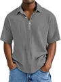 Detailed view of men's grey double gauze short sleeve casual polo shirt texture - S / Tops / Gray
