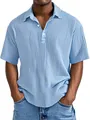 Detailed macro view of light blue men's shirt showing the unique vertical crinkle texture - S / Tops / Sky Blue