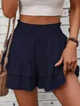 Trendy summer navy blue tiered wide-leg skort with high smocked waist for women - S / Bottoms / Dark Blue