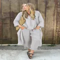 Elegant women's light grey cotton linen casual set featuring long sleeve top and trousers. - 3XL / Top And Bottom / Light Gray