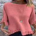 Blusa casual de algodón y lino rosa de manga corta con volantes en el dobladillo y mangas - 3XL / Tops / Rosa