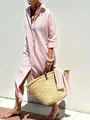 Stylish women's pink striped button-up shirt dress with half sleeves and a lapel - S / Dresses / Orange and White Stripes