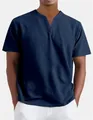 Front view of men's navy blue Henley shirt with V-neck button detail and soft cotton texture - Dark Blue