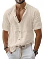 Close-up of men's beige linen short sleeve shirt with turn-down collar - Khaki