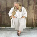 Casual women's white cotton linen set with long sleeve top and wide leg trousers detail - S / Top And Bottom / White