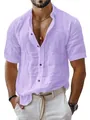 Men's casual light purple short sleeve cotton linen shirt with button-down collar - Purple