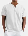 Men's white V-neck short-sleeved shirt with buttons in soft colored cotton fabric - White