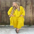 Women's bright yellow cotton linen set featuring loose long-sleeve top and matching pants - S / Top And Bottom / Yellow
