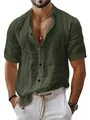 Detail view of dark olive green men's cotton linen short sleeve button-up casual shirt - Army Green