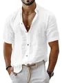 Detailed macro view of white linen-blend short-sleeve shirt with natural textures - White