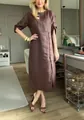 Elegant model wearing a casual brown cotton linen midi dress with side button detail - S / Top And Bottom / Dark Brown