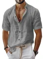 Detailed view of a men's grey cotton linen short sleeve shirt with lapel collar - S / Tops / Gray