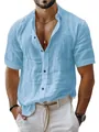 Close-up detail of men's light blue short sleeve linen shirt with classic lapel collar - Sky Blue