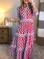 Robe longue à volants printemps été avec imprimé chaîne géométrique rouge et bleu - 3XL / Haut Et Bas / Rouge