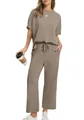 Detail view of casual two-piece summer set with short-sleeve top and wide-leg cropped pants - Brown