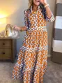 Robe longue bohème à manches longues et imprimé chaîne géométrique en version orange et blanc - Orange