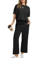 Women's casual two-piece summer set with short sleeve top and black wide leg pants - Black