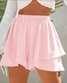 Detailed view of casual pink tiered ruffle skort with elastic waist for spring summer - Pink