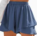 Detail view of blue elastic waist pleated skorts for women summer casual wear - S / Bottoms / Blue