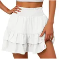 Stylish white tiered ruffled wide-leg shorts skort with comfortable elastic high waist - S / Bottoms / White