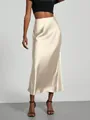 Champagne satin high-waisted maxi skirt with a glossy finish for an elegant slim fit - S / Bottoms / Apricot