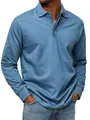 Close-up of a men's long-sleeve polo shirt with buttoned collar in steel blue color - S / Tops / Blue