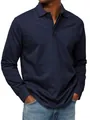 Close-up detail of navy blue long-sleeved polo shirt with ribbed cuffs and buttons. - S / Tops / Navy Blue