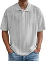 Herren Vintage Strick-Poloshirt in Grau mit strukturiertem Rautenmuster Kurzarm. - Weiß