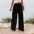 Γυναικείο μαύρο casual παντελόνι με ψηλή σφηκοφωλιά στη μέση και φαρδιά μπατζάκια στην άμμο - S / Bottoms / Μαύρο