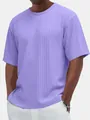 Men's casual lavender round neck T-shirt with vertical textured ribbed fabric pattern. - Purple