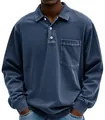 Detail view of a vintage washed blue men's casual long sleeve polo shirt with pocket - Navy Blue