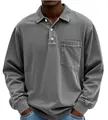 Close-up detail of men's casual long-sleeved washed polo shirt featuring a chest pocket - Gray