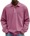 Detailed view of a vintage washed purple long sleeve polo shirt for men with pocket - Rose Red