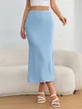 Detail view of an elegant light blue textured knit mermaid skirt with elastic waist - S / Bottoms / Sky Blue