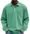 Detailed view of a green long-sleeve men's polo shirt with chest pocket and buttons. - Green