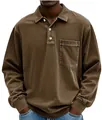 Close-up detail of men's casual brown long sleeve polo shirt with a front pocket - Brown