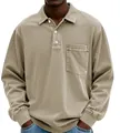 Close-up detail of a men's vintage-washed khaki long-sleeve polo shirt with chest pocket - Khaki