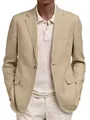 Close-up view of a men's beige linen casual blazer featuring a classic notched lapel design - S / Tops / Khaki