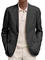 Detailed close-up of a men's dark gray linen blazer featuring a notch lapel design - S / Tops / Black