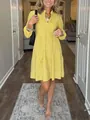 Yellow V-neck dress with white diamond print and 3/4 sleeves for chic casual wear - S / Yellow