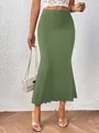 Detailed view of the olive green knit texture elastic mermaid maxi skirt for women - S / Bottoms / Green