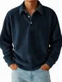 Vintage navy blue men's corduroy long sleeve polo shirt with classic striped texture - S / Tops / Navy Blue