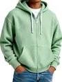 Close-up detail of a men's light green waffle-knit zip-up hoodie with hood drawstrings - Light Green