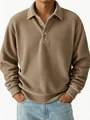Close-up of men's vintage khaki corduroy long-sleeve Polo shirt with ribbed texture - S / Tops / Khaki