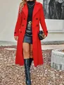 Elegant red double-breasted wool coat with a lapel collar for autumn and winter outfits. - Red