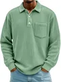 Close-up of men's sage green corduroy long-sleeved polo shirt with chest pocket - 5XL / Tops / Light Green