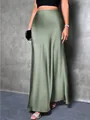 Detailed view of an elegant olive green satin high-waisted maxi skirt for women. - Green
